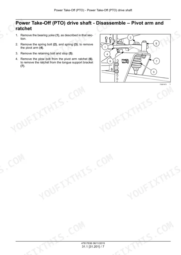 New Holland BC5050, BC5060, BC5070, BC5070 Hayliner®, BC5080 PTO drive shaft pivot arm and ratchet disassembly steps.