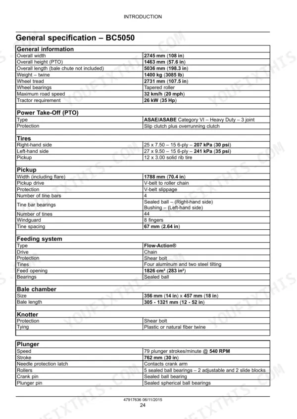 New Holland BC5050, BC5060, BC5070, BC5070 Hayliner®, BC5080 general specification table for baler components and dimensions.