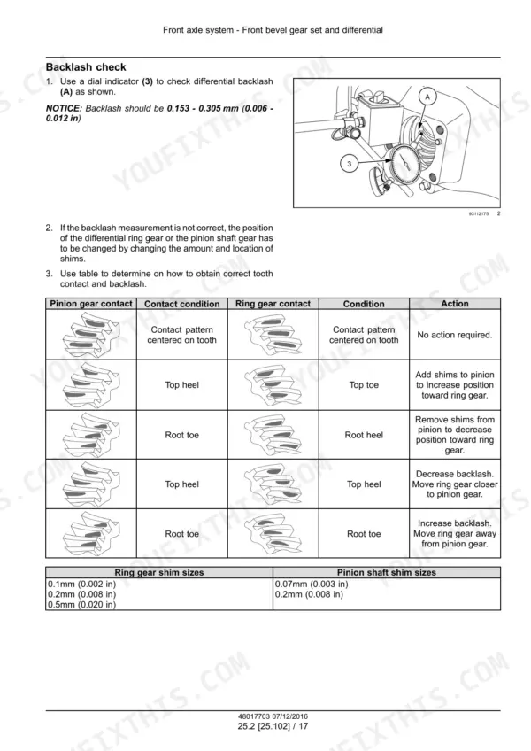 New Holland Boomer 40 service manual - Front Axle System, Backlash check