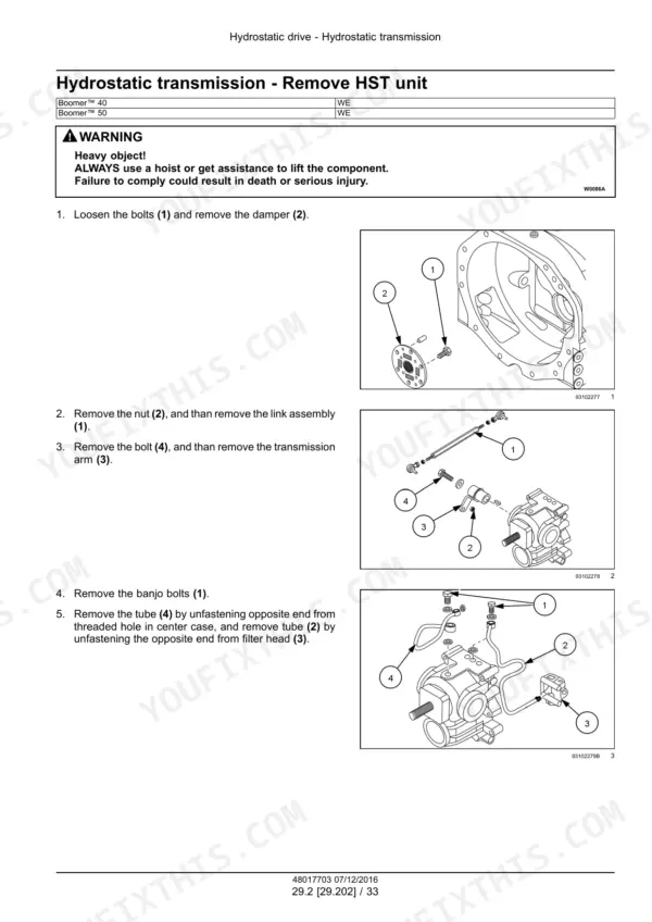 New Holland Boomer 40 service manual - Hydrostatic Drive, Hydrostatic transmission - Remove HST unit