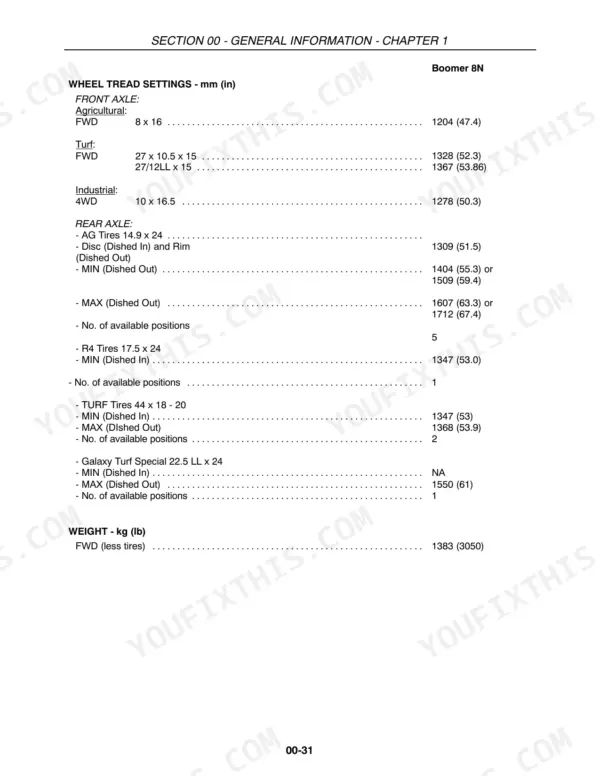 New Holland Boomer 8N, New Holland Boomer 8N wheel tread settings and weight specifications table for front and rear axles.