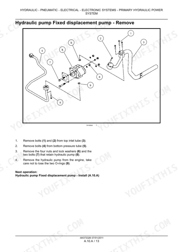 New Holland Boomer 30, Boomer 35 hydraulic pump removal procedure with exploded view diagram of pump and tubes.