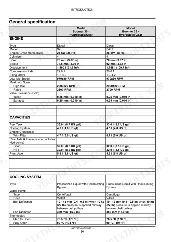 New Holland Boomer 30, Boomer 35 general engine specifications, fluid capacities, and cooling system data table.