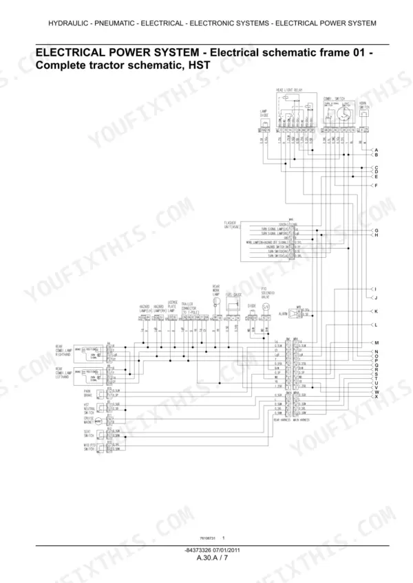 New Holland Boomer 30, Boomer 35 electrical schematic frame 01 showing complete HST tractor wiring system.