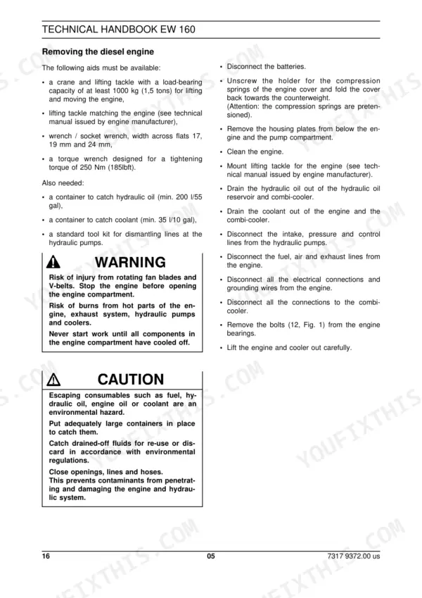 New Holland EW 160 technical manual page detailing the diesel engine removal procedure and safety warnings.