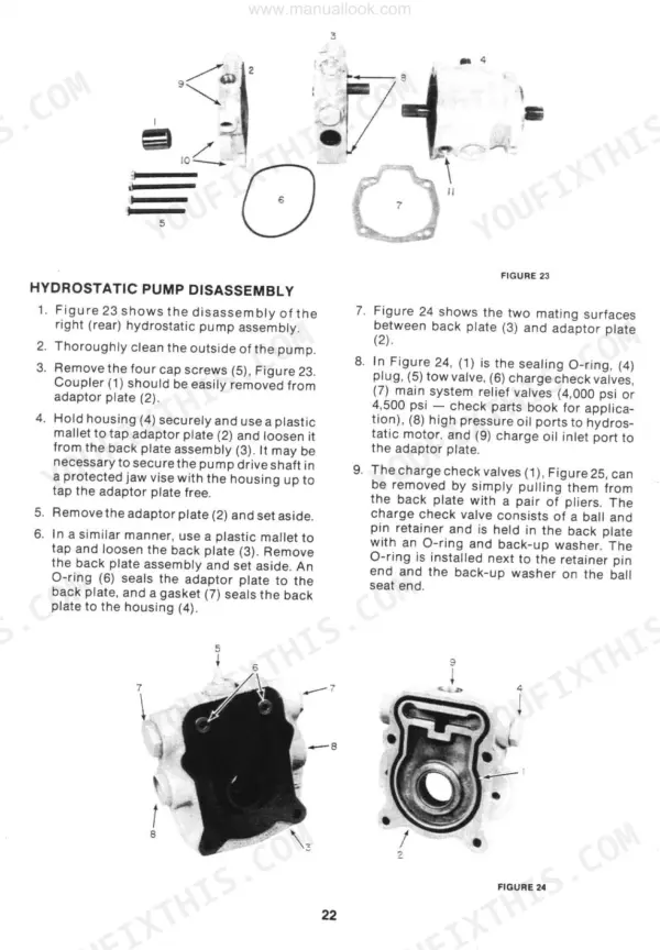 New Holland L-225, L-325, L-425, L-445 hydrostatic pump disassembly and component diagrams.