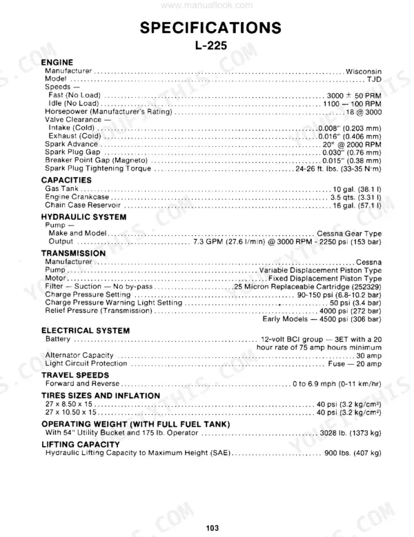 New Holland L-225, L-325, L-425, L-445 technical specifications table for engine, hydraulic, and electrical.