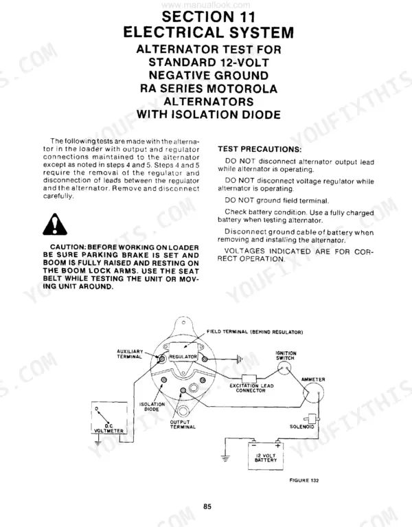 New Holland L-225, L-325, L-425, L-445 Motorola alternator test procedure and wiring diagram.