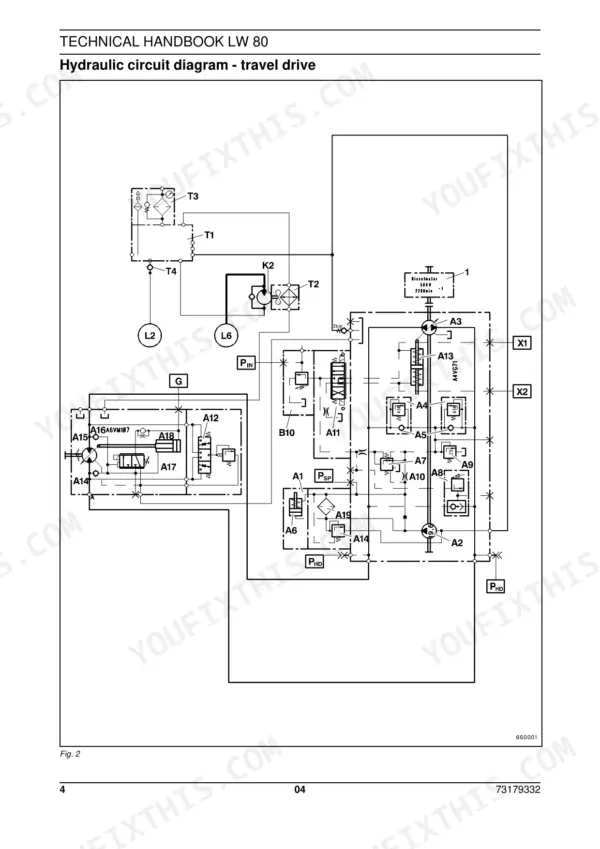 New Holland LW 80 technical manual hydraulic circuit diagram for the travel drive system.