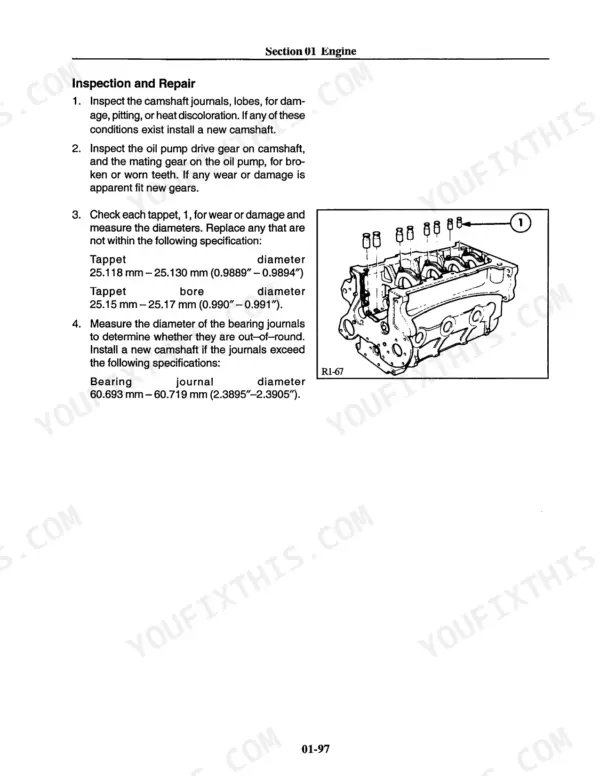 New Holland RG80, RG100 engine inspection and repair procedures for camshaft, tappets, and bearing journals.