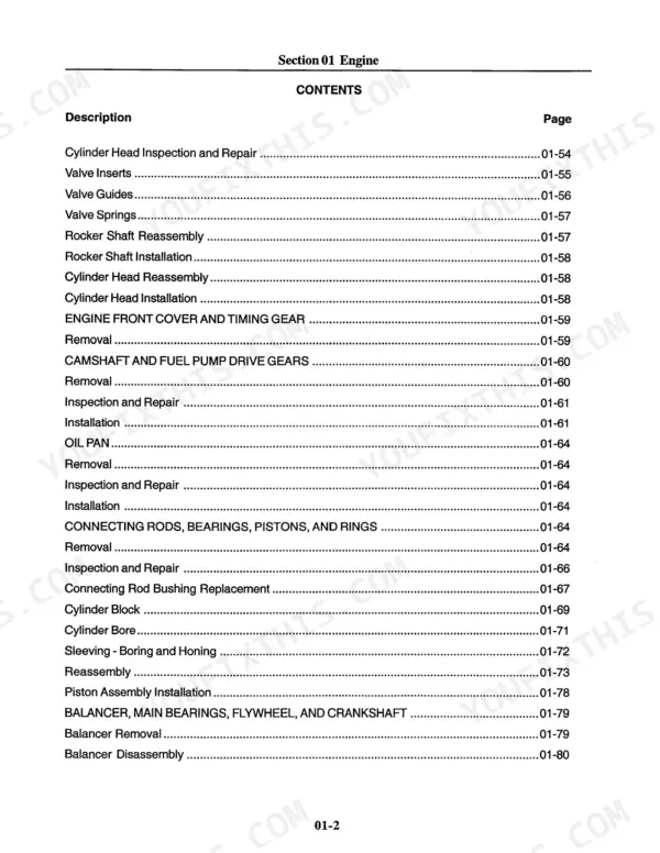 New Holland RG80, RG100 engine section table of contents for cylinder head, timing gear, and piston assembly.