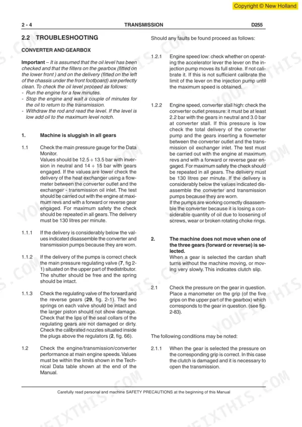 New Holland D255, D255 Crawler Dozer, D255 Dozer transmission troubleshooting guide for converter and gearbox faults.