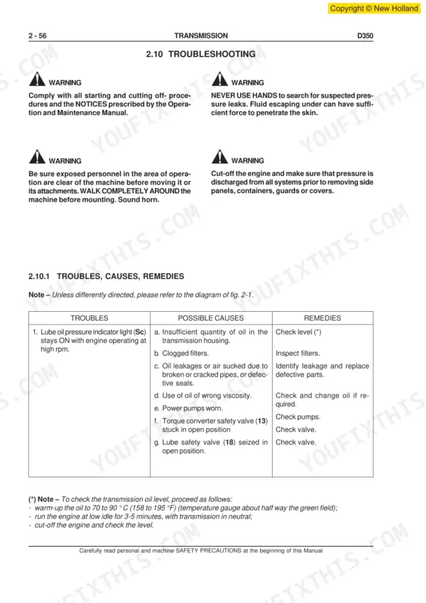 New Holland D350, Crawler Dozer transmission troubleshooting table for lube oil pressure indicator light issues.
