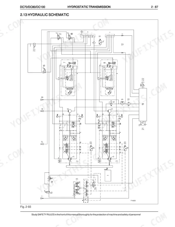 New Holland DC70, DC80, DC100 hydrostatic transmission hydraulic schematic diagram.