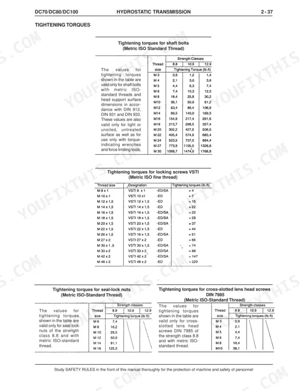 New Holland DC70, DC80, DC100 torque tables for shaft bolts, VSTI locking screws, and seal-lock nuts.