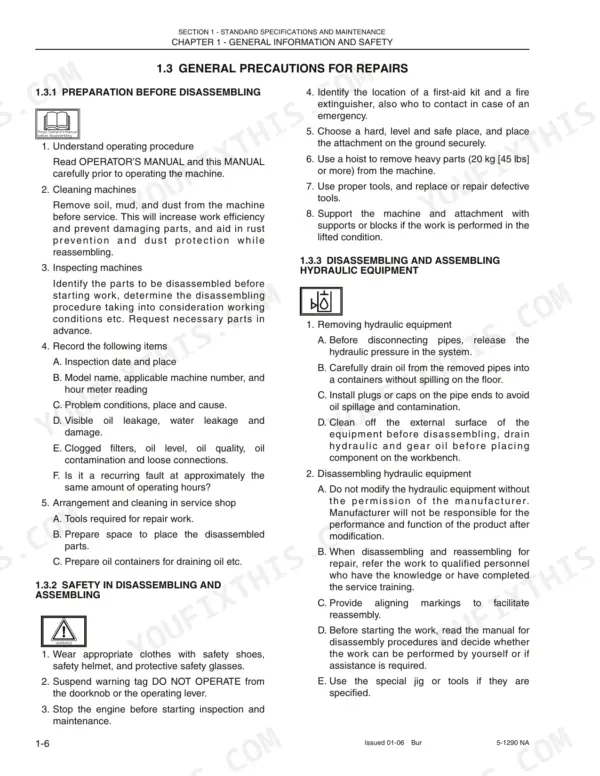 New Holland E130 shop manual page covering general repair precautions, safety procedures, and hydraulic equipment maintenance.