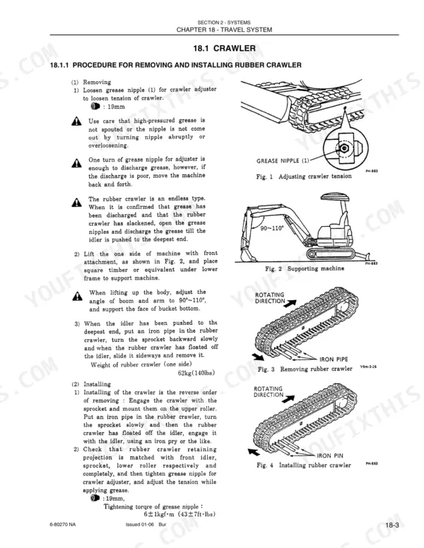 New Holland E15 service manual procedure for removing and installing the rubber crawler track and adjusting tension.