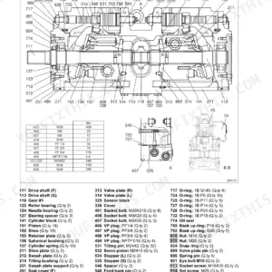 New Holland E215B, E245B hydraulic pump assembly exploded view diagram, torque table, and component parts list.