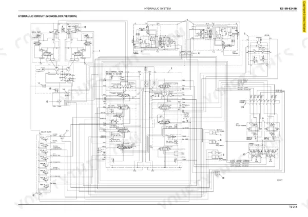 New Holland E215B, E245B hydraulic circuit diagram for monoblock version showing main control valve and pump system.