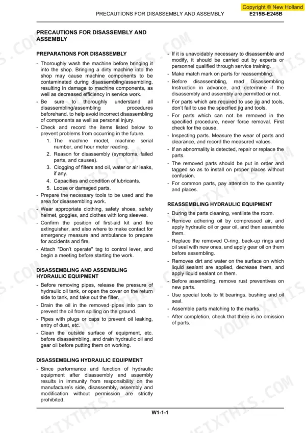 New Holland E215B, E245B service manual page detailing precautions for disassembly and assembly of hydraulic equipment.