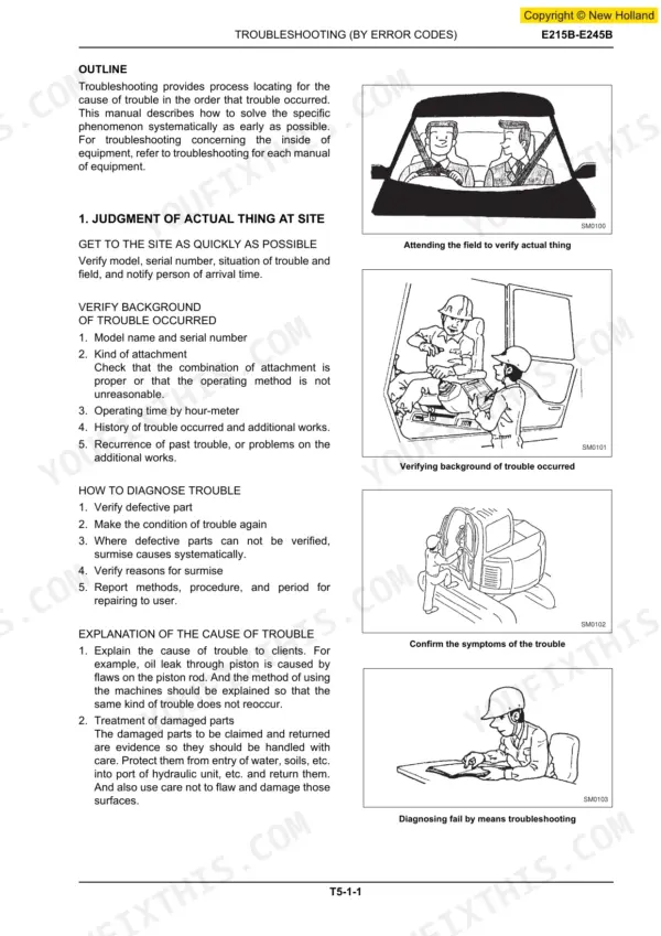 New Holland E215B, E245B troubleshooting guide for site inspection, symptom verification, and repair procedures.