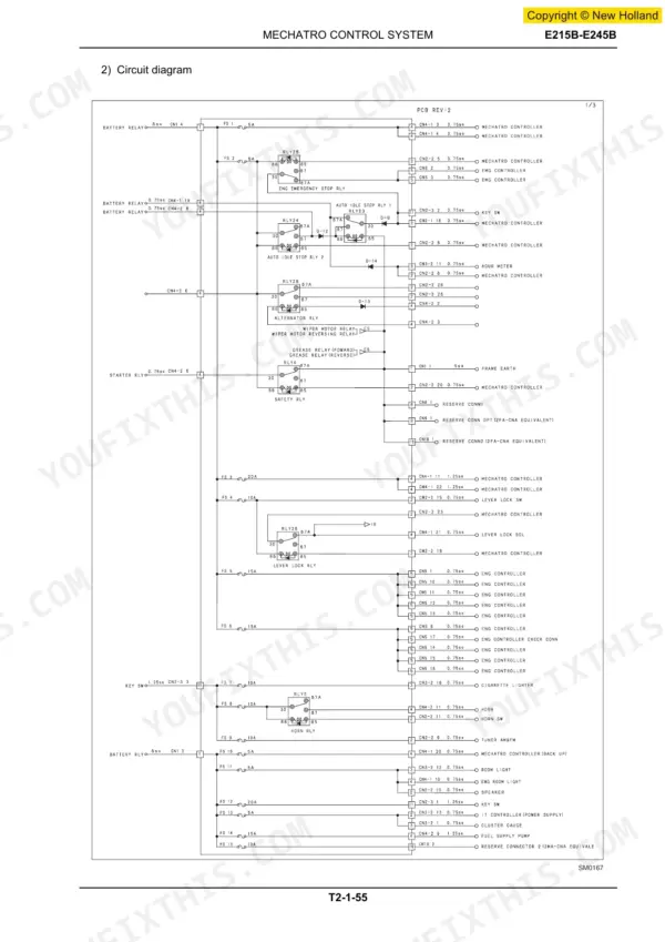 New Holland E215B, E245B Mechatro control system circuit diagram showing relays, fuses, and controller connections.