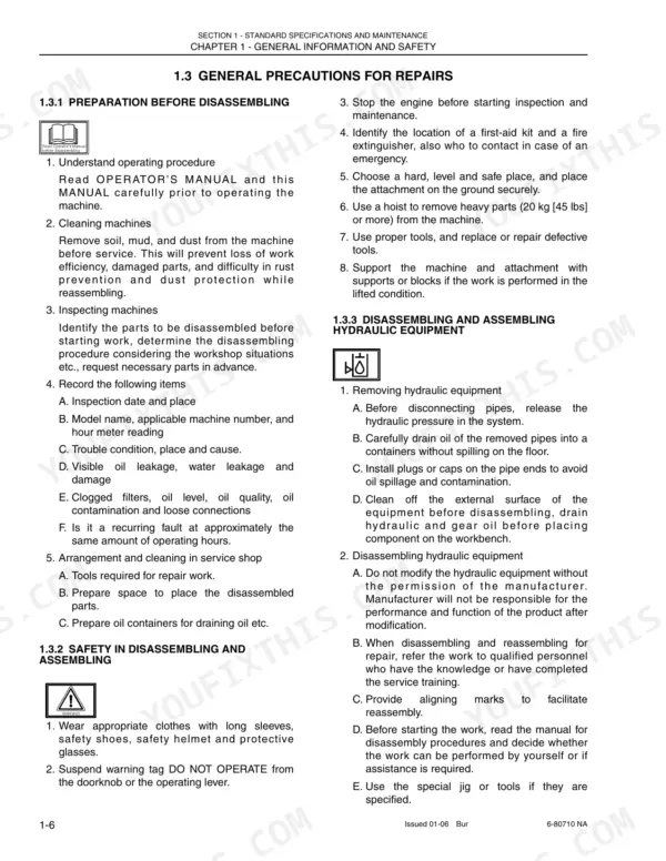 New Holland E30, E35 shop manual page covering general repair safety, disassembly preparation, and hydraulic equipment procedures.