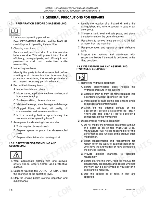 New Holland E50 service manual page covering general repair precautions, disassembly preparation, and hydraulic equipment safety.