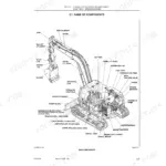 New Holland E80 excavator component identification diagram showing boom, cylinders, engine, and undercarriage parts.