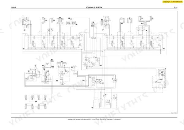 New Holland F106.6, F106.6A, GRADER hydraulic system schematic diagram showing control valves, pumps, and actuators.