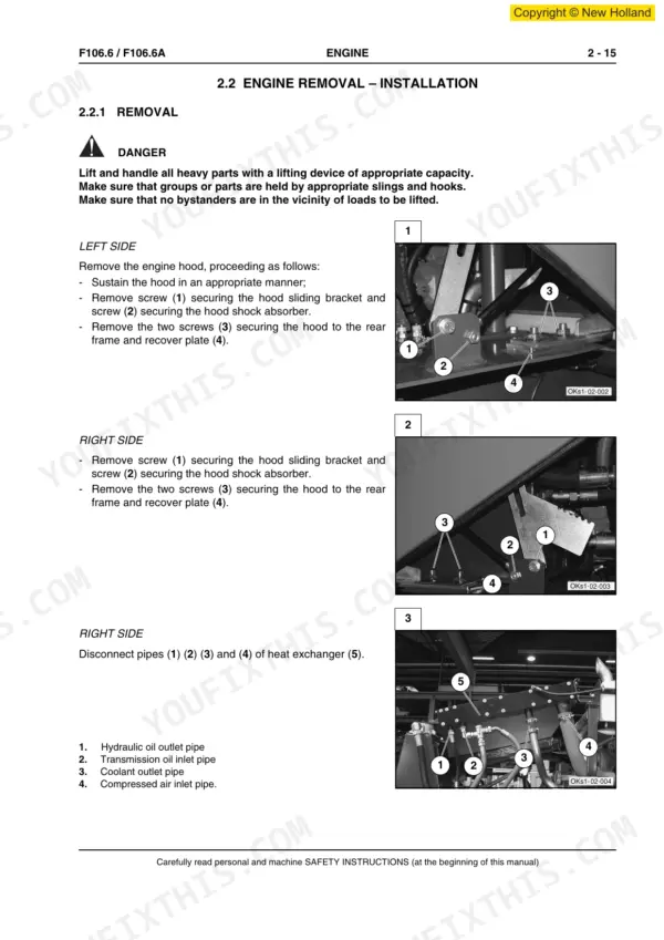 New Holland F106.6, F106.6A, GRADER engine removal procedure showing hood bracket, shock absorber, and heat exchanger pipes.