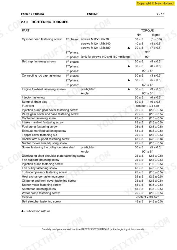 New Holland F106.6, F106.6A, GRADER engine tightening torque specifications table for cylinder head, bed cap, and fasteners.