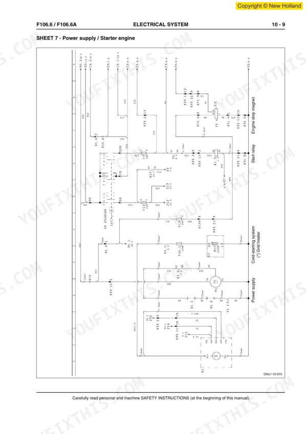 New Holland F106.6, F106.6A, GRADER electrical system wiring diagram, Sheet 7: Power supply, starter, and cold-start grid heater.
