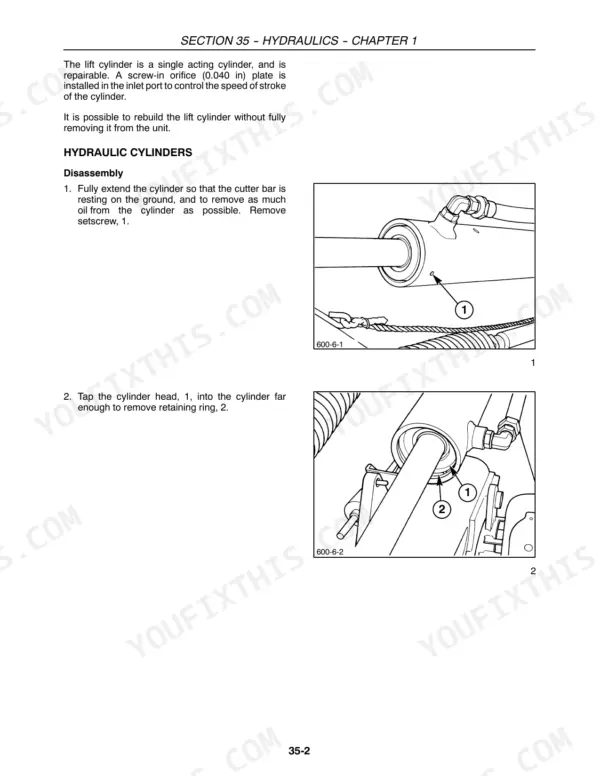 New Holland H6730, H6740, H6750 hydraulic lift cylinder disassembly procedure with diagrams showing setscrew and retaining ring removal.