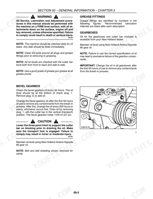 New Holland H6730, H6740, H6750 maintenance manual: bevel gearbox oil level and drain plug diagram and procedures.