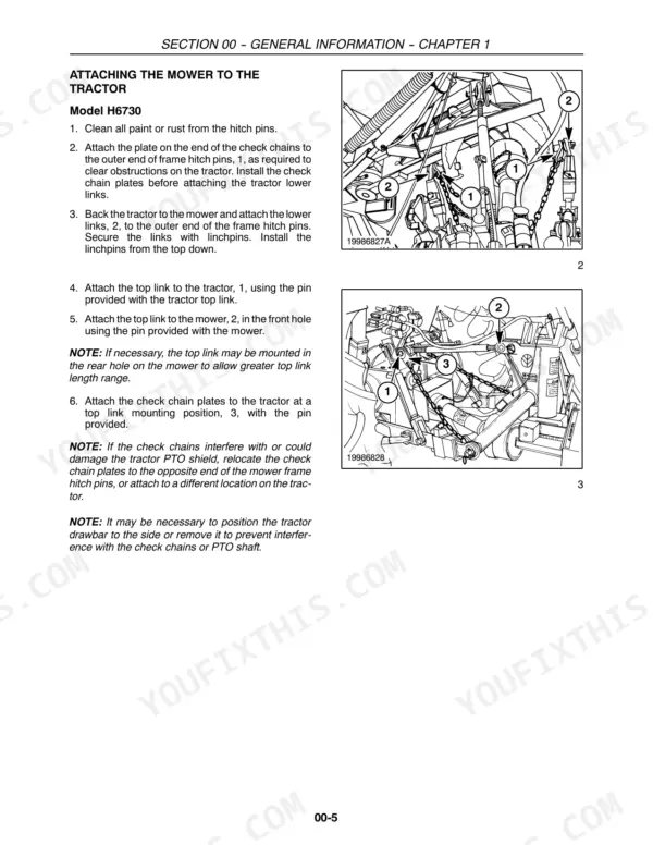 New Holland H6730, H6740, H6750 procedure for attaching the mower to the tractor with hitch and top link diagrams.