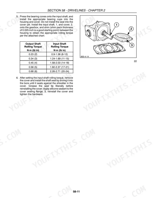 New Holland H6730, H6740, H6750 gearbox input shaft rolling torque table and assembly diagram for driveline maintenance.