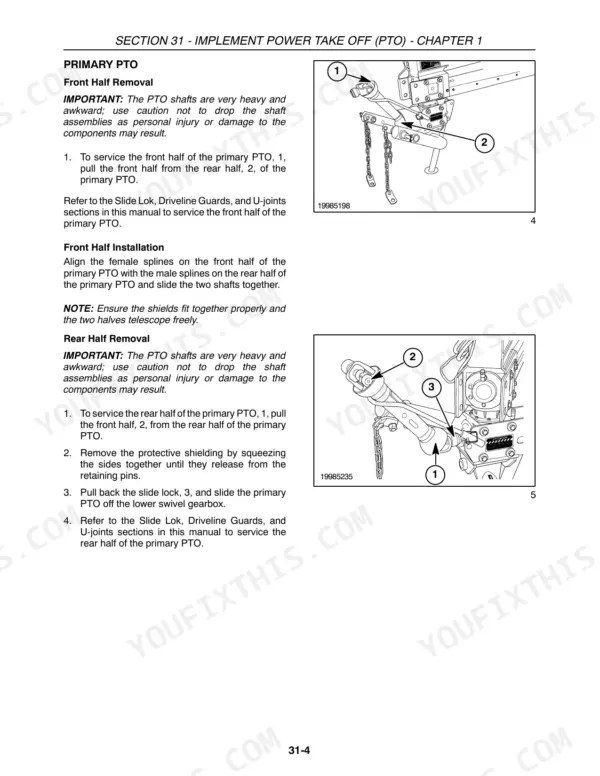New Holland H7460, H7560 primary PTO front and rear half removal and installation procedures with component diagrams.