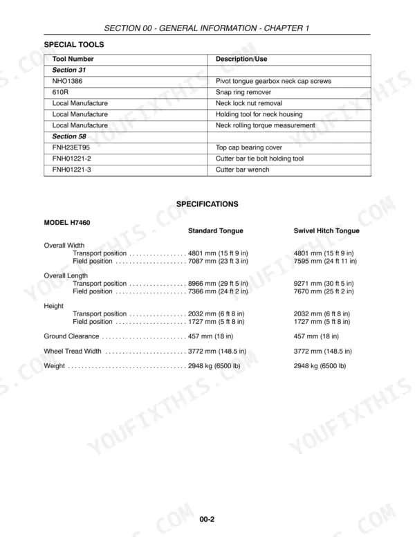 New Holland H7460, H7560 service manual page listing special tools and H7460 model specifications table.
