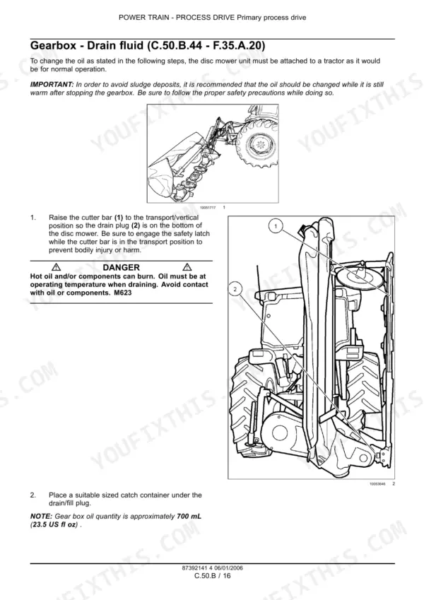 New Holland HM234, HM235, HM236 gearbox oil drain procedure, showing cutter bar positioning and drain plug location.