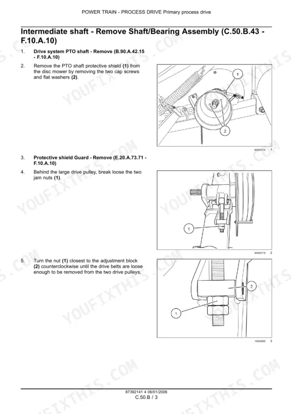 New Holland HM234, HM235, HM236 procedure for removing the intermediate shaft, PTO shield, and adjusting drive pulleys.