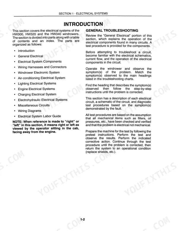 New Holland HW300, HW320, HW340, SPEEDROWER SELF-PROPELLED WINDROWER electrical systems introduction and troubleshooting guide.