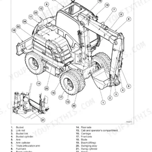 New Holland Kobelco MH2.6, MH3.6 wheeled excavator main components diagram with numbered parts list.