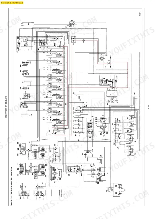 New Holland Kobelco MH2.6, MH3.6 hydraulic system diagram showing controls circuit in neutral position.