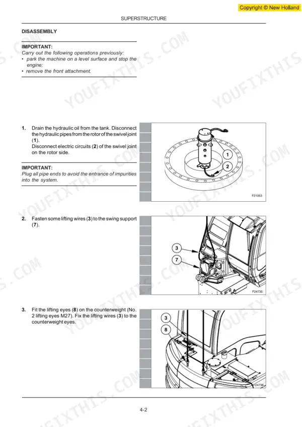New Holland Kobelco MH2.6, MH3.6 superstructure disassembly procedure for swivel joint and counterweight lifting.