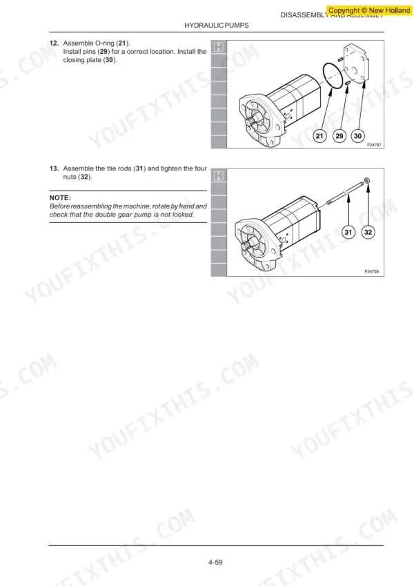 New Holland Kobelco MH2.6, MH3.6 hydraulic gear pump assembly procedure showing O-ring, pins, closing plate, and tie rods.