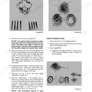 New Holland L-451, L-452, L-454, L-455 gear pump disassembly, inspection, and exploded view component diagrams.