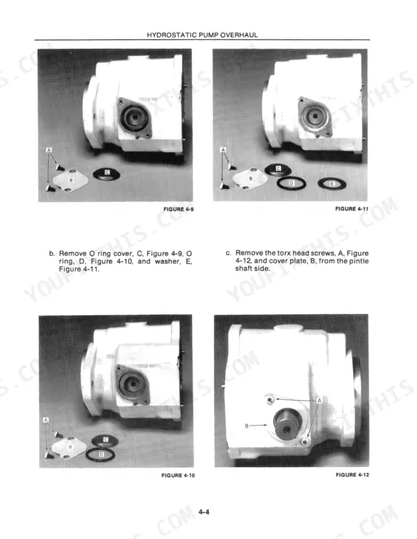 New Holland L-451, L-452, L-454, L-455 hydrostatic pump overhaul procedures, showing pump cover and O-ring removal steps.