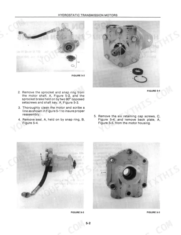 New Holland L-451, L-452, L-454, L-455 hydrostatic transmission motor disassembly and seal removal procedures.