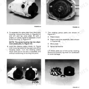 New Holland L-781, L-784, L-785 hydraulic pump disassembly procedures, rotating group components, and valve plate removal.
